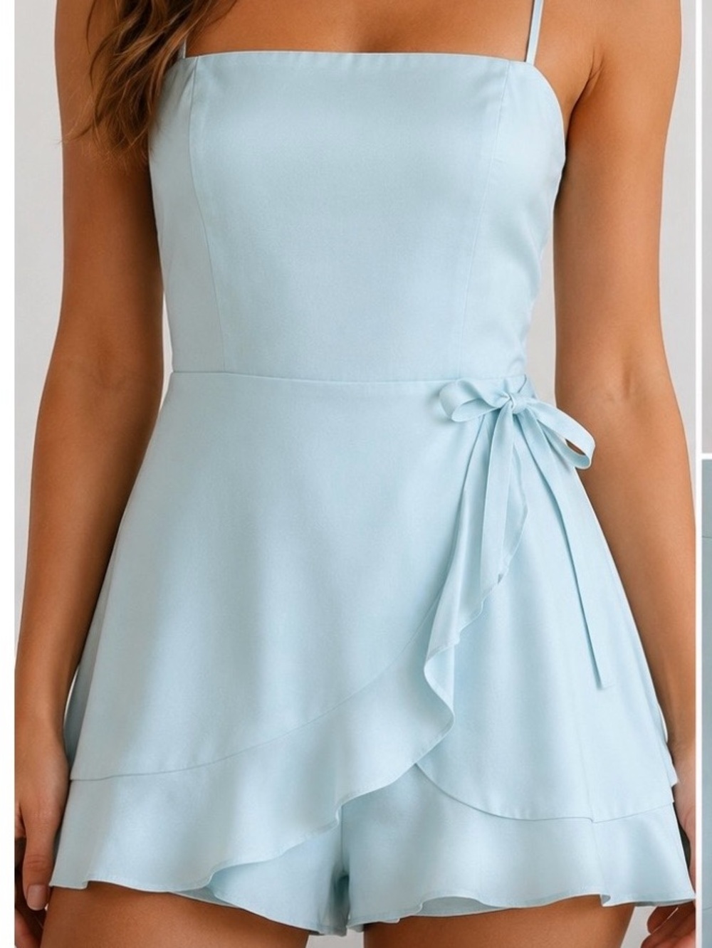 Light Blue Spaghetti Strap Ruffle Romper Dress